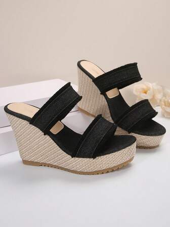 Women's Summer Waterproof Platform Wedge Heel Thick Bottom Slippers, Fashionable Denim Frayed Casual Slippers