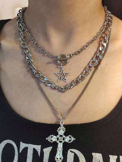 3入組復古哥德龐克風格星型和十字型墜飾厚鏈項鍊套裝,女士龐克風格項鍊珠寶套裝波希米亞風格星型和十字型墜飾項鍊