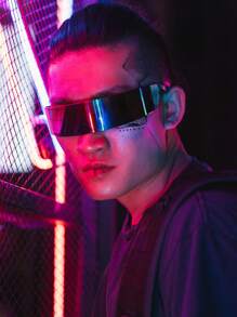 1pc Cyberpunk Full Wrap-Around Futuristic Mechanical Decor Fashion Glasses, & Novelty For Men, Suitable For, Concerts, Festivals, Raves, Music Events, Cosplay, Selfies, Traveling, Cool Black/Red/Blue/Silver/Green/Pink Reflective Lens For Summer Beach Vacation,Outdoor,Travel - Black - View 8