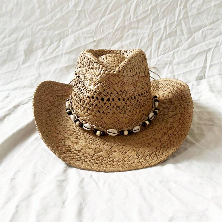 Boho 1pc Handmade Shell & Straw Hat With Curled Brim, Suitable For Outdoor Activities, Fashionable Accessory For Beach Vacation Cowboy Hat - Hollow - View 1