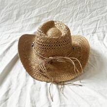Boho 1pc Handmade Shell & Straw Hat With Curled Brim, Suitable For Outdoor Activities, Fashionable Accessory For Beach Vacation Cowboy Hat - Hollow - View 3