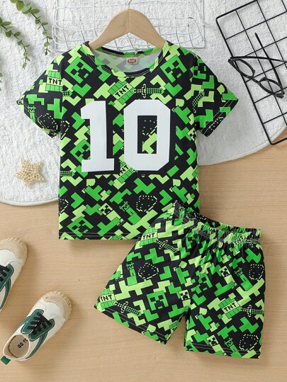 Young Boy Geometric & Letter Printed Crew Neck Short Sleeve Top & Shorts Pajama Set, Summer