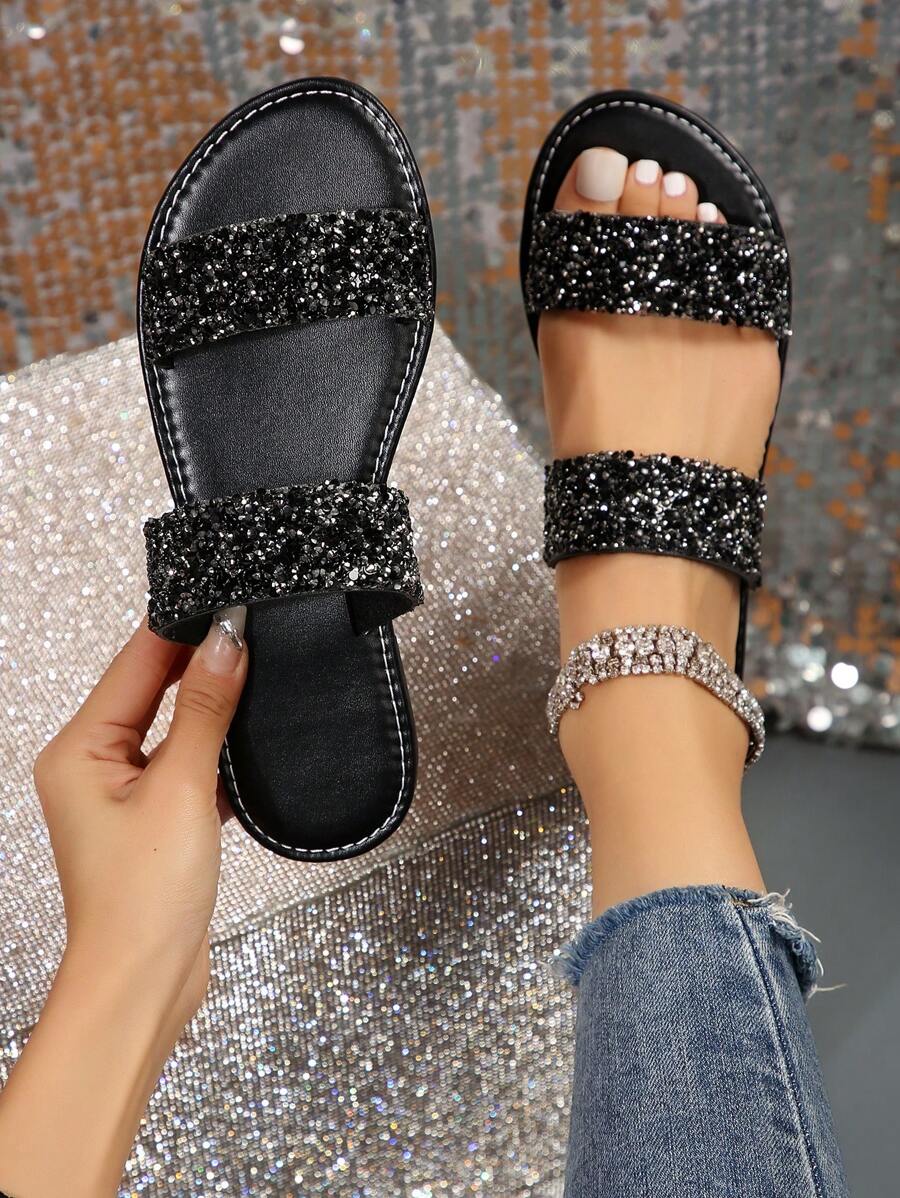 Plus Size Women's Rhinestone Decor Open Toe Slippers With Strap, Casual &Fashionable Beach Sandals For Summer
