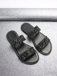 Plus Size Women's Rhinestone Decor Open Toe Slippers With Strap, Casual &Fashionable Beach Sandals For Summer