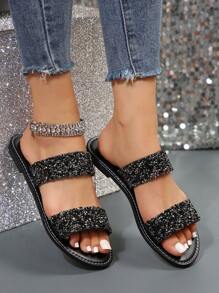 Plus Size Women's Rhinestone Decor Open Toe Slippers With Strap, Casual &Fashionable Beach Sandals For Summer