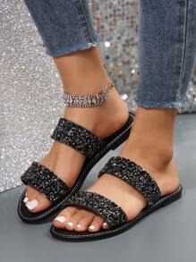 Plus Size Women's Rhinestone Decor Open Toe Slippers With Strap, Casual &Fashionable Beach Sandals For Summer