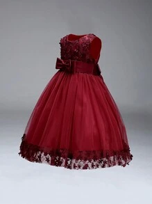 Young Girl Sleeveless Solid Color Elegant Dress With 3D Flower & Bow Decor, Headband Not Included - Burgundy - View 5