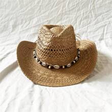 Boho 1pc Handmade Shell & Straw Hat With Curled Brim, Suitable For Outdoor Activities, Fashionable Accessory For Beach Vacation Cowboy Hat - Hollow - View 13
