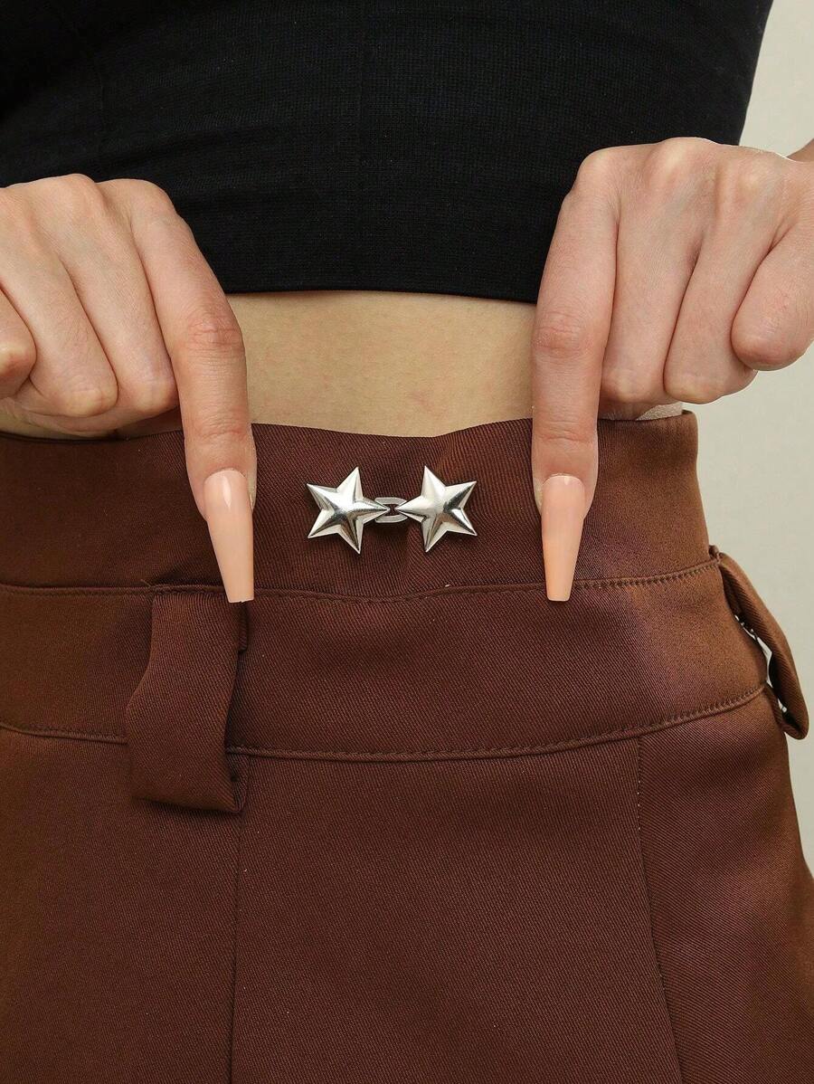 1對可調節可拆卸無需縫製的牛仔褲腰帶扣-對比星星設計的縮腰工具 - 銀色 - 查看 1