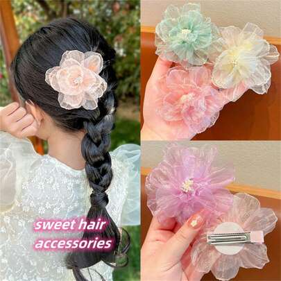 1pc Girl's Nature-Inspired Mesh Flower Princess Hair Clip