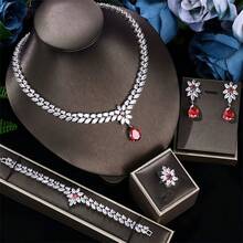 1 bộ trang sức cô dâu, bao gồm vòng cổ, vòng tay, nhẫn và bông tai trang trí bằng pha lê Zirconia, lý tưởng cho đám cưới và các bữa tiệc - Đỏ - Xem 6