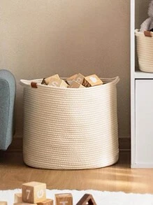 1pc Large Capacity Foldable Woven Toy Storage Basket For Baby Room, Clothes Storage Basket - Beige - View 3