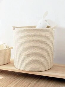 1pc Large Capacity Foldable Woven Toy Storage Basket For Baby Room, Clothes Storage Basket - Beige - View 1