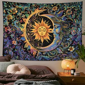 1pc Sun & Moon Bohemian Floral Tapestry, Hippie Mystery Hanging Cloth, Vintage Aesthetic Wall Decor For Bedroom Living Room Gifts Birthday Graduation