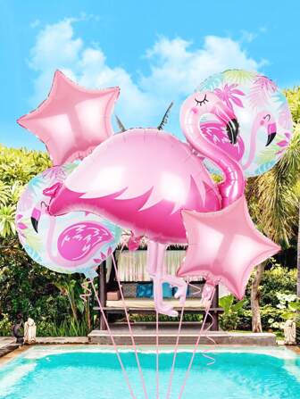 5pcs Pink Flamingo Aluminum Foil Balloons, Including Star Shaped Foil Balloons, For Flamingo Theme Parties, Bachelorette Summer Parties And Baby Shower Decorations