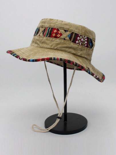 1pc Men Cotton Washed Bucket Hat, Vintage Drawstring Bucket Hat, Siberian Style, Outdoor Sports Sun Protection Cap, Fashion Casual Comfortable Sun Hat For Cycling, Travel, Hiking