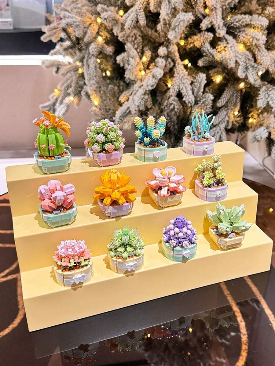 Cute Style Assembly Building Blocks Bouquet Of Orchids, Tulips, Roses Handmade Artificial Potted Succulent Plants Puzzle Toy For Women, Festival, Creative Desktop Decoration Gift Room Decoration