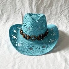 Boho 1pc Gemstone Malan Flower Hat With Handmade Hollow Out Design, 9cm Wide Brim Sunshade Cowboy Hat - Hollow - View 13
