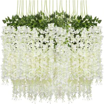 12 Pieces White Wedding Decoration Artificial Flowers, Modern PVC Simulated Wisteria Flowers Including Plastic Stems, Suitable For Home Decoration, Table Decoration, DIY Hanging Flowers, Wedding And Holiday Party Decorations(Leaves Color Random), Valentine Day, Gift