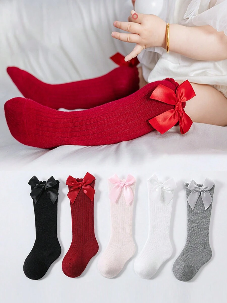 5 cặp Cô gái Màu thuần Tất tới đầu gối Với Nơ Đối với Giải trí Hoặc Trường học