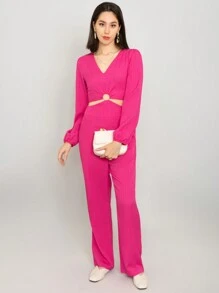 Beautiful Summer Fashion Palazzo With Solid Color, Side Cuts And Texture - 玫紅色 - 查看 5