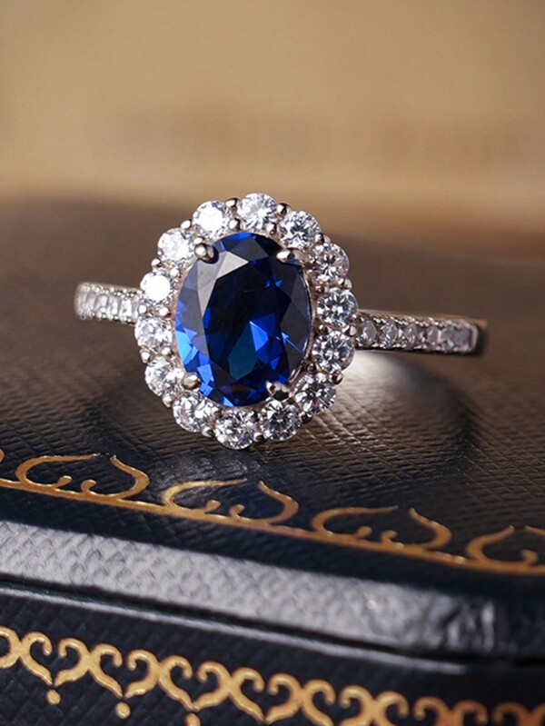 Anillo de plata de ley 925 con piedra verde grabada, zafiro azul y circonita cúbica ovalada