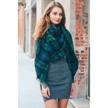 Flannel Frayed Edge Blanket Scarf - 綠藍 - 查看 2