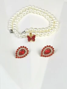 Bộ quà tặng Ngày nhà giáo, Bộ sưu tập trang sức nữ Pearl Butterfly với vòng cổ đính cườm hoa, Vòng cổ cưới thời trang dành cho quý cô, Hoa tai trang nhã cho buổi họp mặt xã hội, Phụ kiện quà tặng ngày cưới cổ điển cổ điển của mẹ - Đỏ - Xem 3