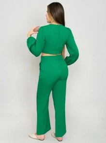 Beautiful Summer Fashion Palazzo With Solid Color, Side Cuts And Texture - Green - View 10