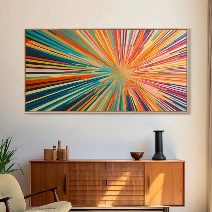 1 件 Mcm 世紀中葉現代復古風格帆布印刷世紀中葉牆藝術幾何設計藍色珊瑚和黃色“光隧道”適合臥室、浴室、辦公室、廚房牆壁裝飾藝術畫無框 - 彩色 - 查看 1