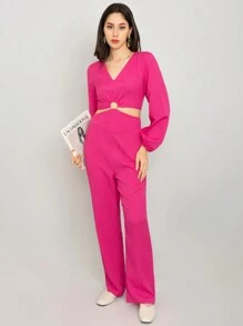 Beautiful Summer Fashion Palazzo With Solid Color, Side Cuts And Texture - 玫紅色 - 查看 4