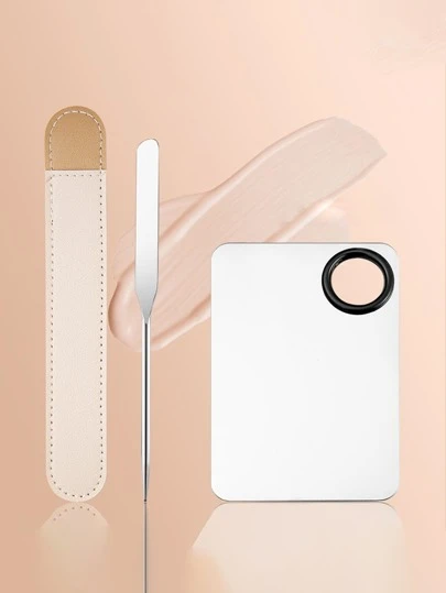 1pc Natural Color Scraper + 10x15cm Stainless Steel Palette, Stainless Steel Foundation Scraper, Foundation Palette, Makeup Artist Mixing Spatula Tool