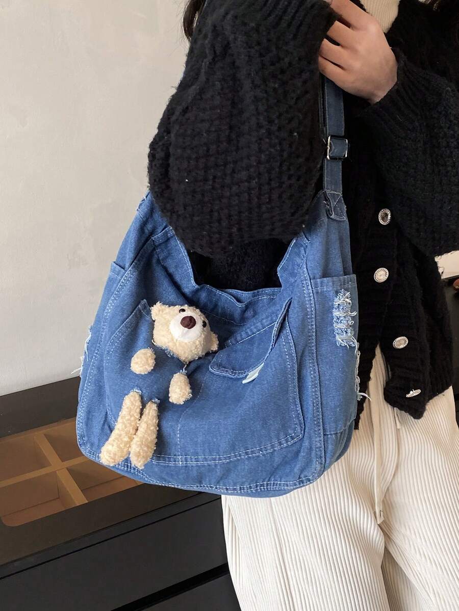 1pc (17.3in*12.6in*5.1in) Fashionable Washed Denim Large Capacity Women's Crossbody Bag, With Cute Cartoon Bear Decoration, Foldable & Washable, Convenient For Travel, Study And Work - Blue - View 1