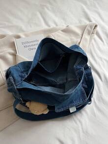 1pc (17.3in*12.6in*5.1in) Fashionable Washed Denim Large Capacity Women's Crossbody Bag, With Cute Cartoon Bear Decoration, Foldable & Washable, Convenient For Travel, Study And Work - Blue - View 9