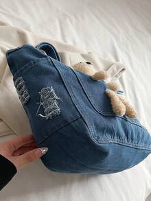 1pc (17.3in*12.6in*5.1in) Fashionable Washed Denim Large Capacity Women's Crossbody Bag, With Cute Cartoon Bear Decoration, Foldable & Washable, Convenient For Travel, Study And Work - Blue - View 7