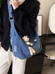 1pc (17.3in*12.6in*5.1in) Fashionable Washed Denim Large Capacity Women's Crossbody Bag, With Cute Cartoon Bear Decoration, Foldable & Washable, Convenient For Travel, Study And Work - Blue - View 5