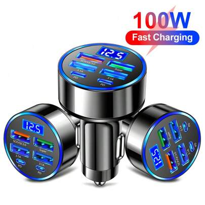 1pc Digital Display Voltage100W 6 Ports Car Charger Fast Charging PD QC3.0 USB C Car Phone Charger Type C Adapter In Car Compatible With Iphone