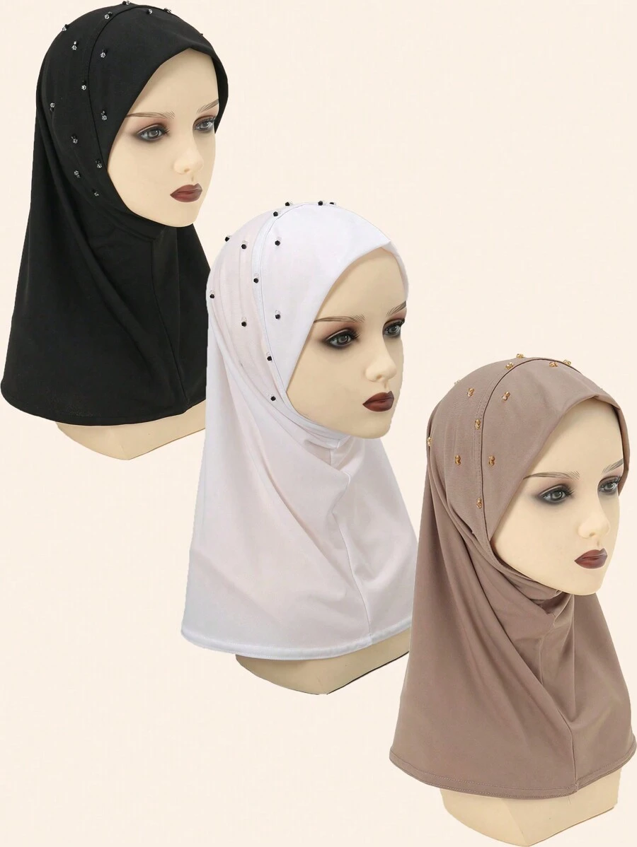 1入組女士雙色鑲鑽方便頭帶黑瑪瑙,頭巾,純色舒適內帽,簡單百搭,適合日常穿著優雅 - 釘鑽套頭帽 - 查看 1