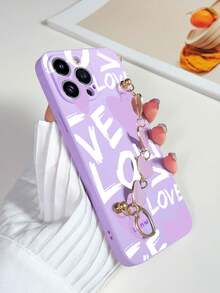 1入紫色電鍍心形吊飾手鍊和1入紫色TPU字母印花防摔手機殼，適用於iPhone、Samsung、Xiaomi、OPPO、Android - 彩色 - 查看 2