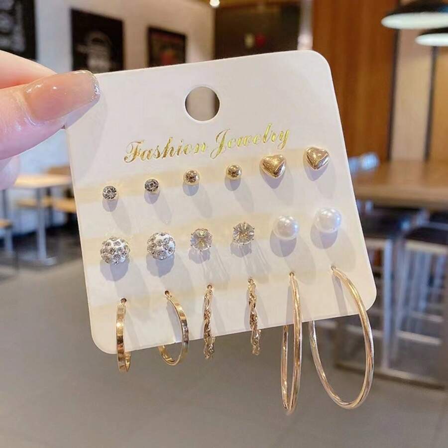 Bộ 9 đôi/bộ Hoa tai thời trang mới hình chữ C cá nhân hóa và đính ngọc trai giả đính đá phong cách Châu Âu và Châu Mỹ - Vàng - Xem 1