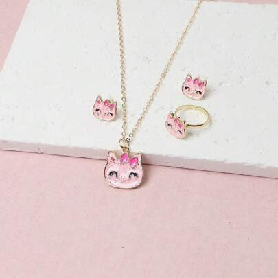 4 cái/bộ Hợp kim Dầu Trẻ em Bộ trang sức Với Phim hoạt hình dễ thương Mèo Vòng cổ mặt dây chuyền , Chuỗi vòng tay , Bông tai stud , Nhẫn