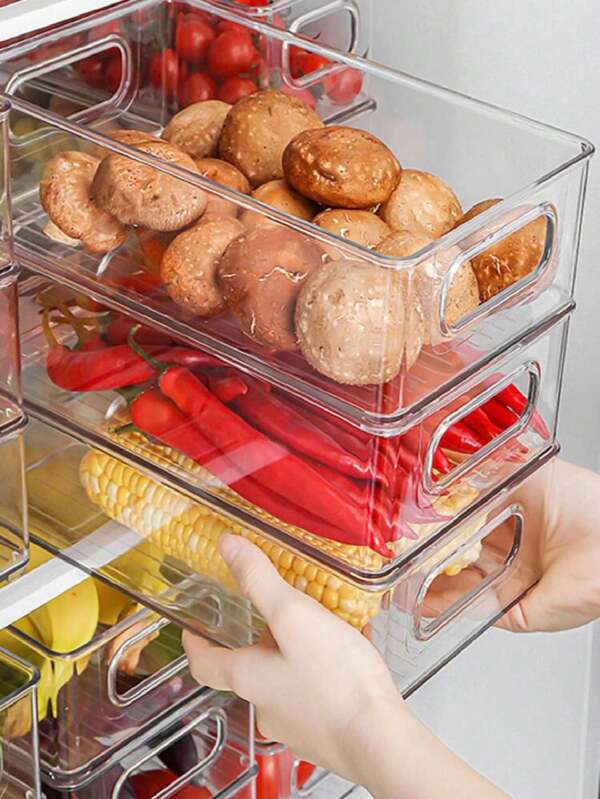 1 pieza 3 piezas caja de plástico transparente para almacenamiento de alimentos, nevera congelador, contenedores de almacenamiento apilables, caja contenedora para frutas y verduras, bandeja organizadora,Caja de almacenamiento transparente de gran capacidad apilable tipo de cajón refrigerador