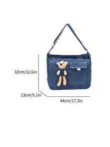 1pc (17.3in*12.6in*5.1in) Fashionable Washed Denim Large Capacity Women's Crossbody Bag, With Cute Cartoon Bear Decoration, Foldable & Washable, Convenient For Travel, Study And Work - Blue - View 10