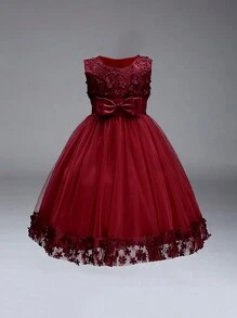 Young Girl Sleeveless Solid Color Elegant Dress With 3D Flower & Bow Decor, Headband Not Included - Burgundy - View 6
