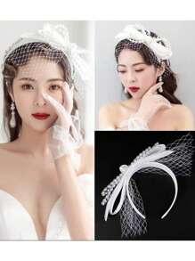 1件女士網眼紗布&amp;緞帶蝴蝶結&amp;珍珠高端法式手工新娘頭帶髮飾 - 白色 - 查看 1