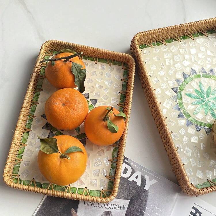 Rattanmuschel Runde Aufbewahrungstablett mit großer Kapazität, handgefertigt aus Rattan-Aufbewahrungstablett, handgefärbte Aufbewahrung für Zuhause Wohnzimmer - Dunkelgrün - Übersicht 1