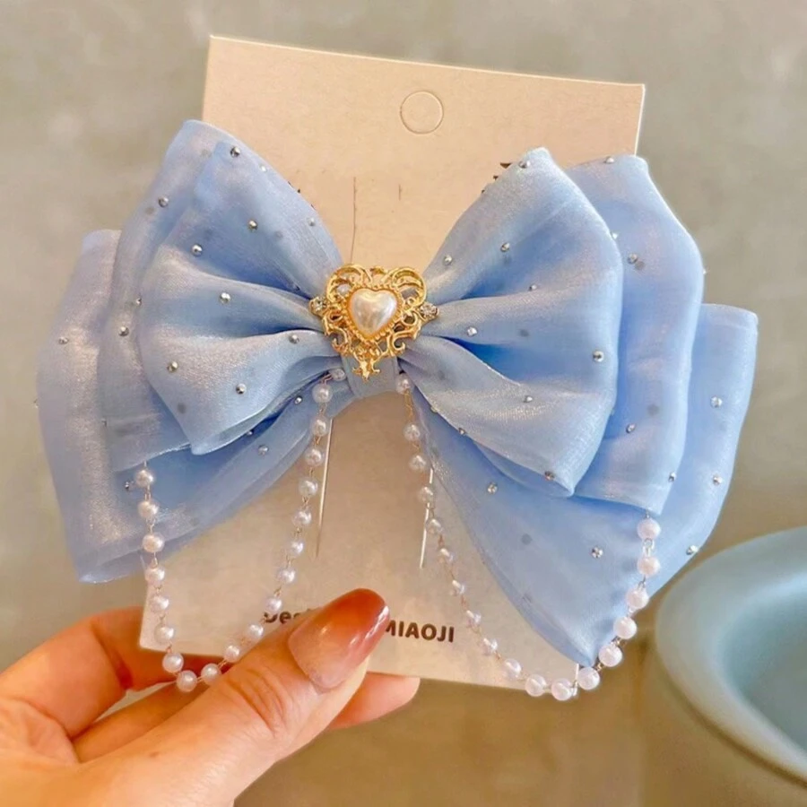 1pc Fashion Girls' Crystal & Pearl Decor Bow Hair Clip, No Card Packaging - Blue - View 1
