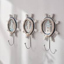 1 pieza Gancho de ropa estilo mediterráneo, decoración del hogar de madera, forma de timón de metal, gancho colgante - Azul - Ver 7