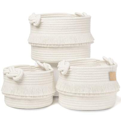 3 件/套手工编织纯色流苏储物篮，适合玩具、零食、化妆品、杂项几何编织波西米亚风篮子、木藤花盆架、天然混合绳索装饰，适合沿海氛围户外空间