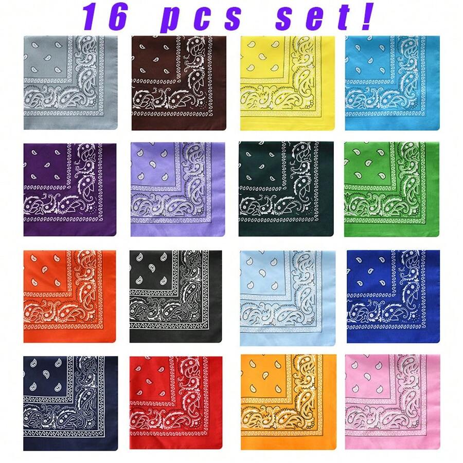 Set de [16 PIEZAS] Pañuelo cuadrado de estilo bohemio de poliéster con estampado de cachemira, un gran valor de multicolor para accesorios de hip-hop, rock, al aire libre, máscara, pañuelo, ciclismo, montañismo, protección contra el viento y el sol, diadema, banda para la cabeza, ideal para vestir tu apariencia en Navidad